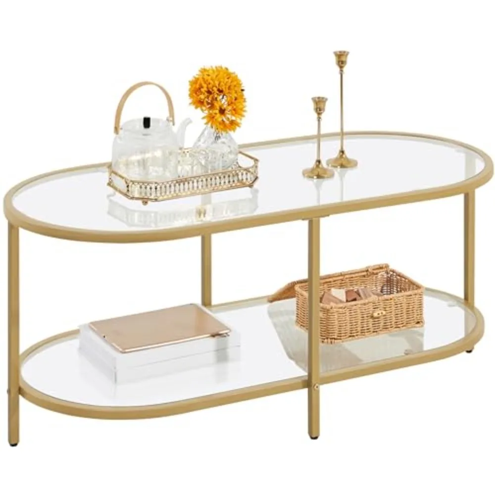 42" Oval Glass Coffee Table with Storage for Living Room, Gold | Easy Assembly, Modern Oval Design, 2 Tempered Glass