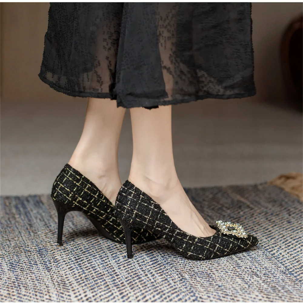 Crystal Women Pointed Toe Thin Heel Checkered Heels Casual Sexy Light Weight Banquet Shoes French fairy Sexy High Heel For Women