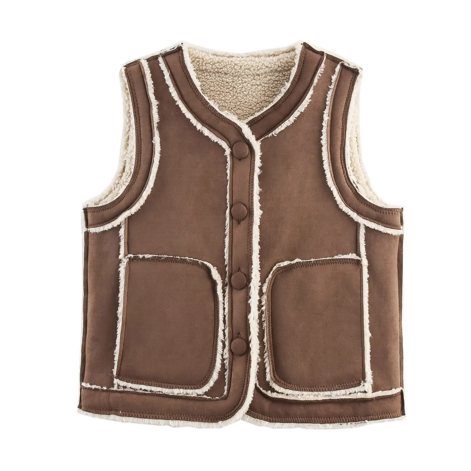 Retro Splicing Vest O-hals Single Breasted Pluche Dik Vest Mode Veelzijdig Casual Vest 2025, Herfst/Winter Nieuwe Dames Top
