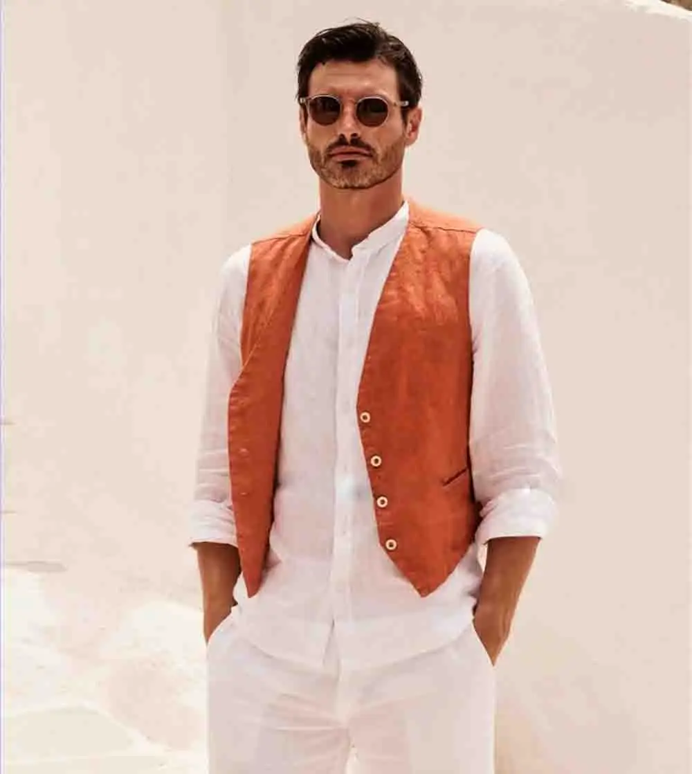 Linen Men's Vest Fashion Single-Breasted Summer Orange Cardigan Casual Bright Colors Gentleman Clothing chaleco hombre vestir