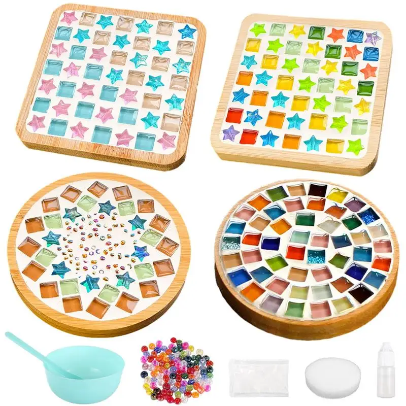 

4 Sets DIY Mosaic Tiles For Cup Pads Crafts Mosaic Pad Crafts For Coaster Handmade Mixed Color Mosaic Kits With Wooden Coaster