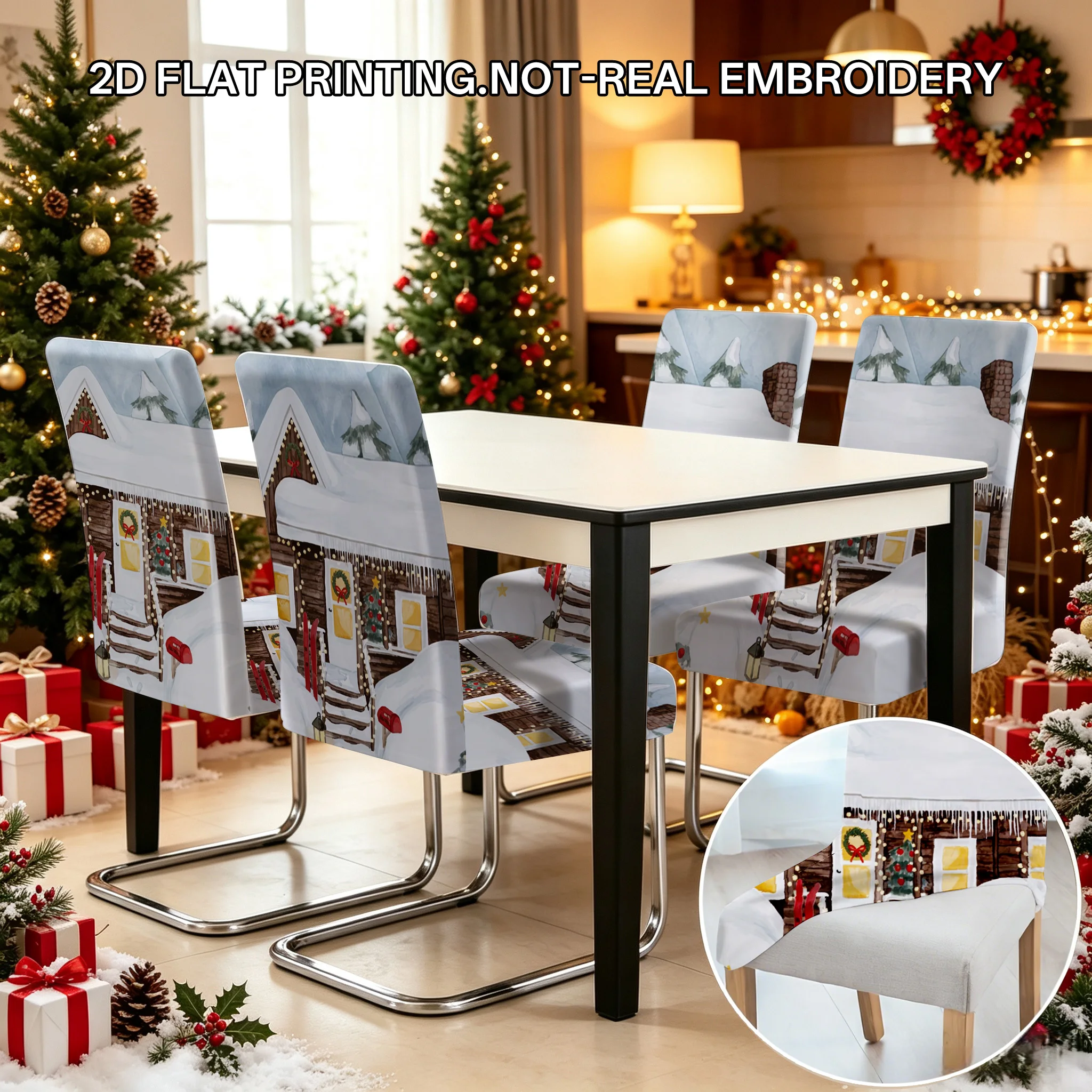 2/4/6 PCS Christmas snow chalet dining chair covers 2D flat printed snow view Christmas restaurant holiday decoration