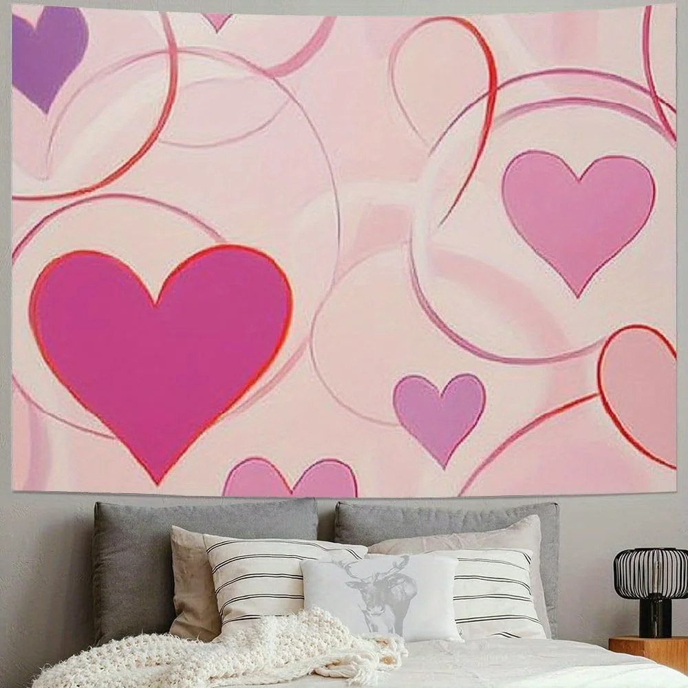 1pc Romantic heart-shaped swirling pattern tapestry, machine washable polyester, suitable for bedroom and living room décor.