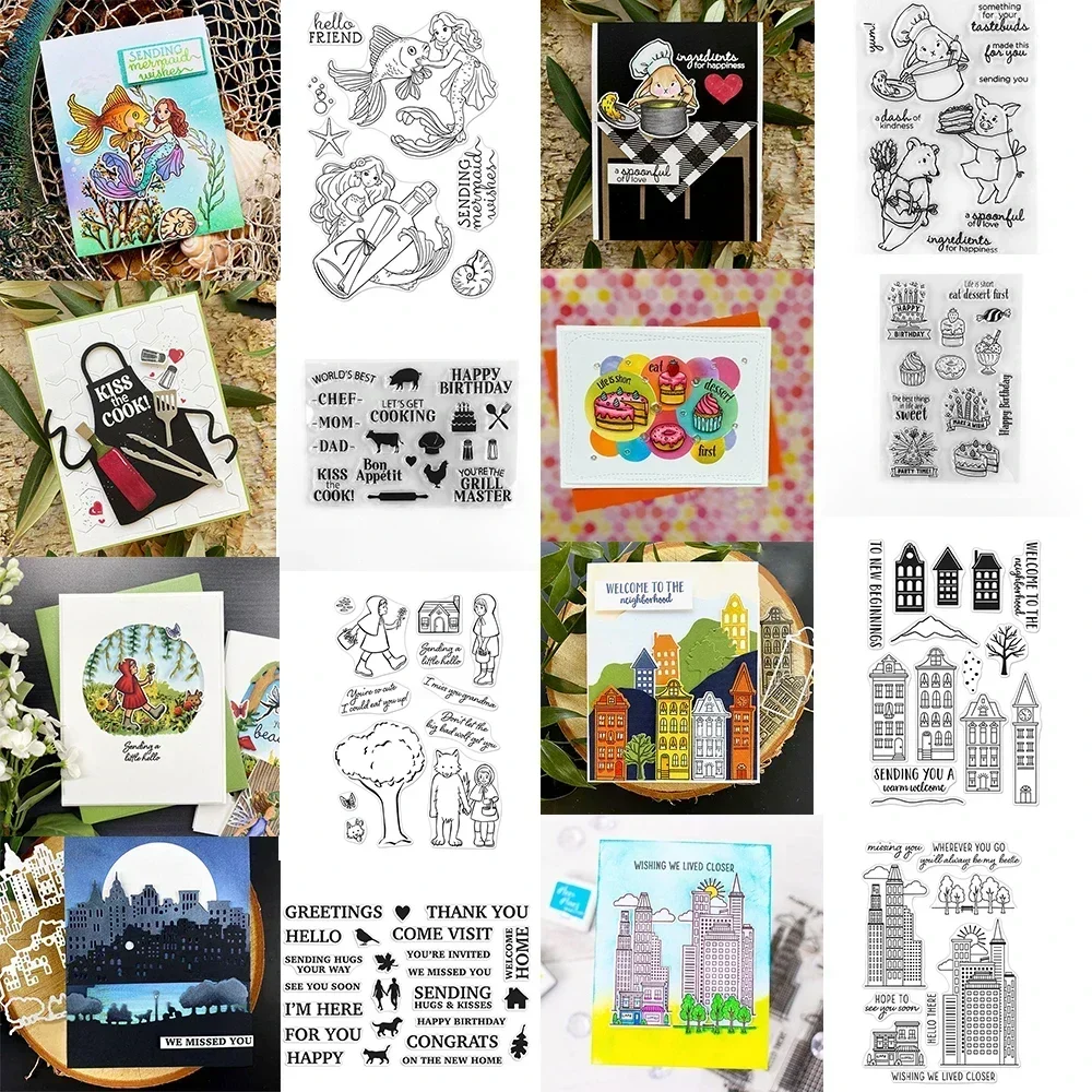 Leckerli-Tag, Tierköche, Meerjungfrau, Stanzformen und Stempel, Wegweiser, hohe Gebäude, Häuser, Stempelset für DIY-Scrapbooking, Kartenherstellung