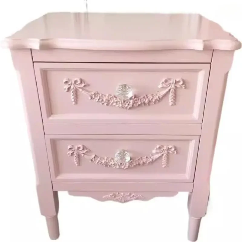 French Carved Solid Wood Bedside Cabinet, Princess Style Bedroom Locker for Dopamine Home Decor
