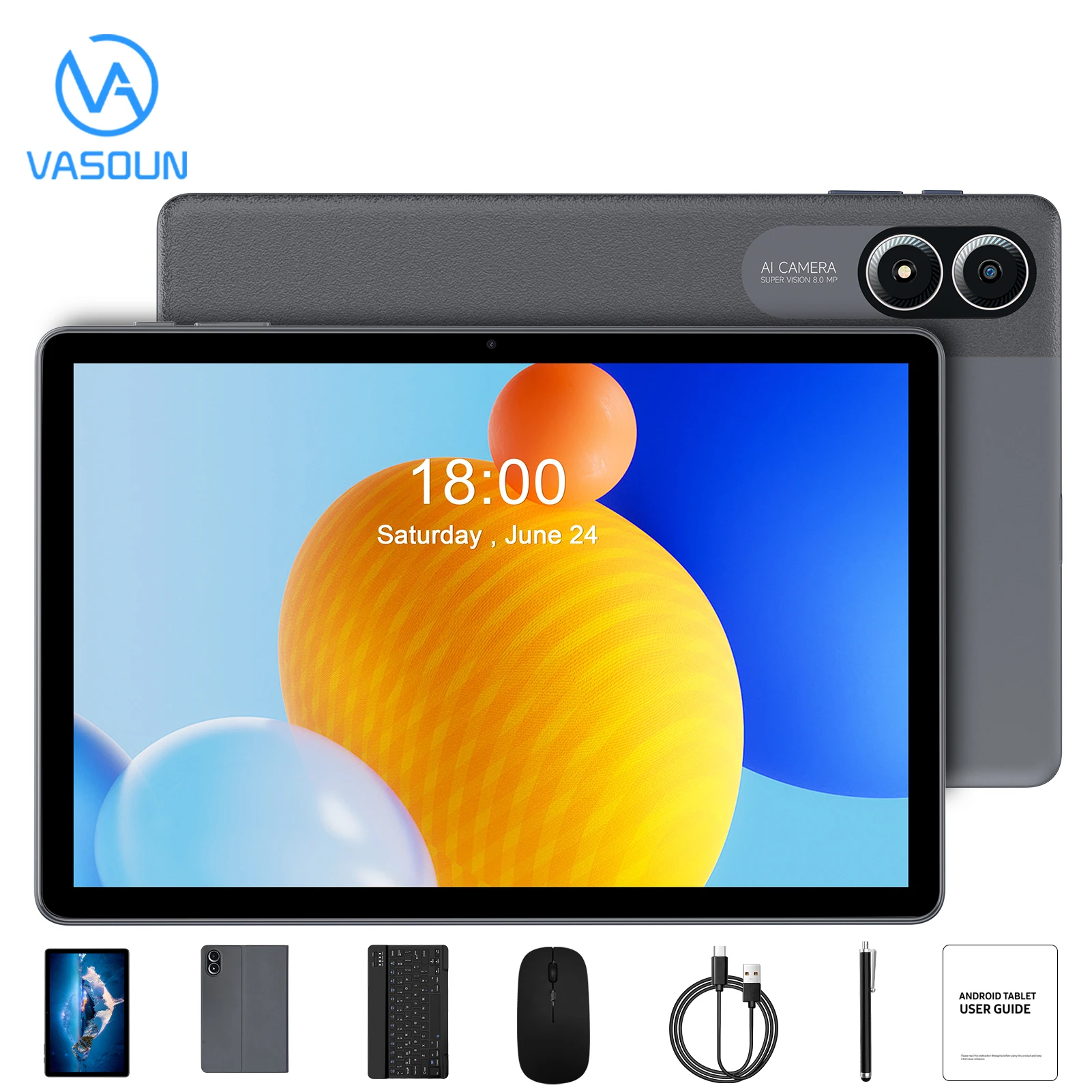 VASOUN 11 Inch Android 15 Tablet with Keyboard, Mouse, Case & Stylus, Octa-Core 128GB ROM, IPS Display, 8000mAh Battery Dual CAM