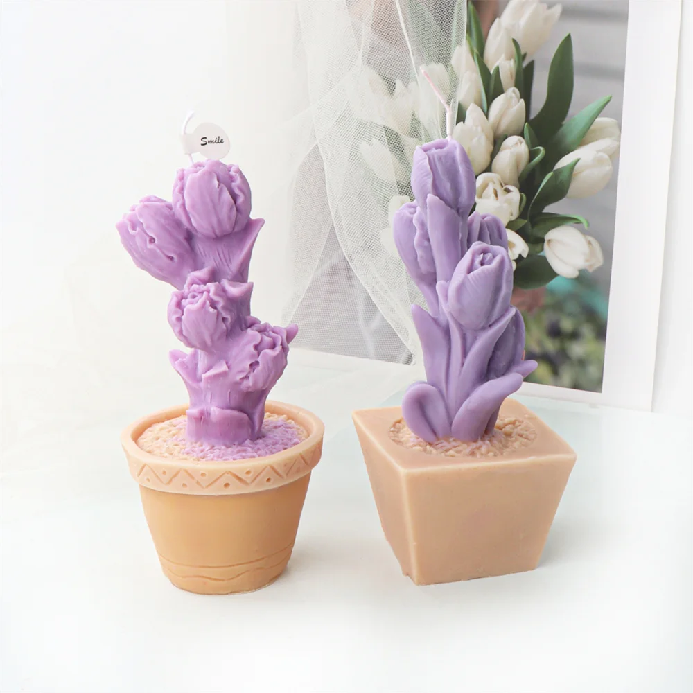 Sculpture Flower Pot Candle Mold Silicone Rose Tulip Calla Lily Aroma Wax Tool DIY Pot Plant Plaster Resin Decor Gift Handmade