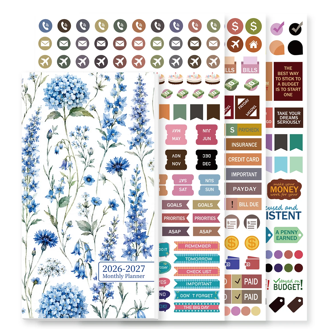 1PC A6 Monthly Planner, Blue Floral, with Stickers or Colorful Index Tabs, Compact Organizer for Office, Study & Travel