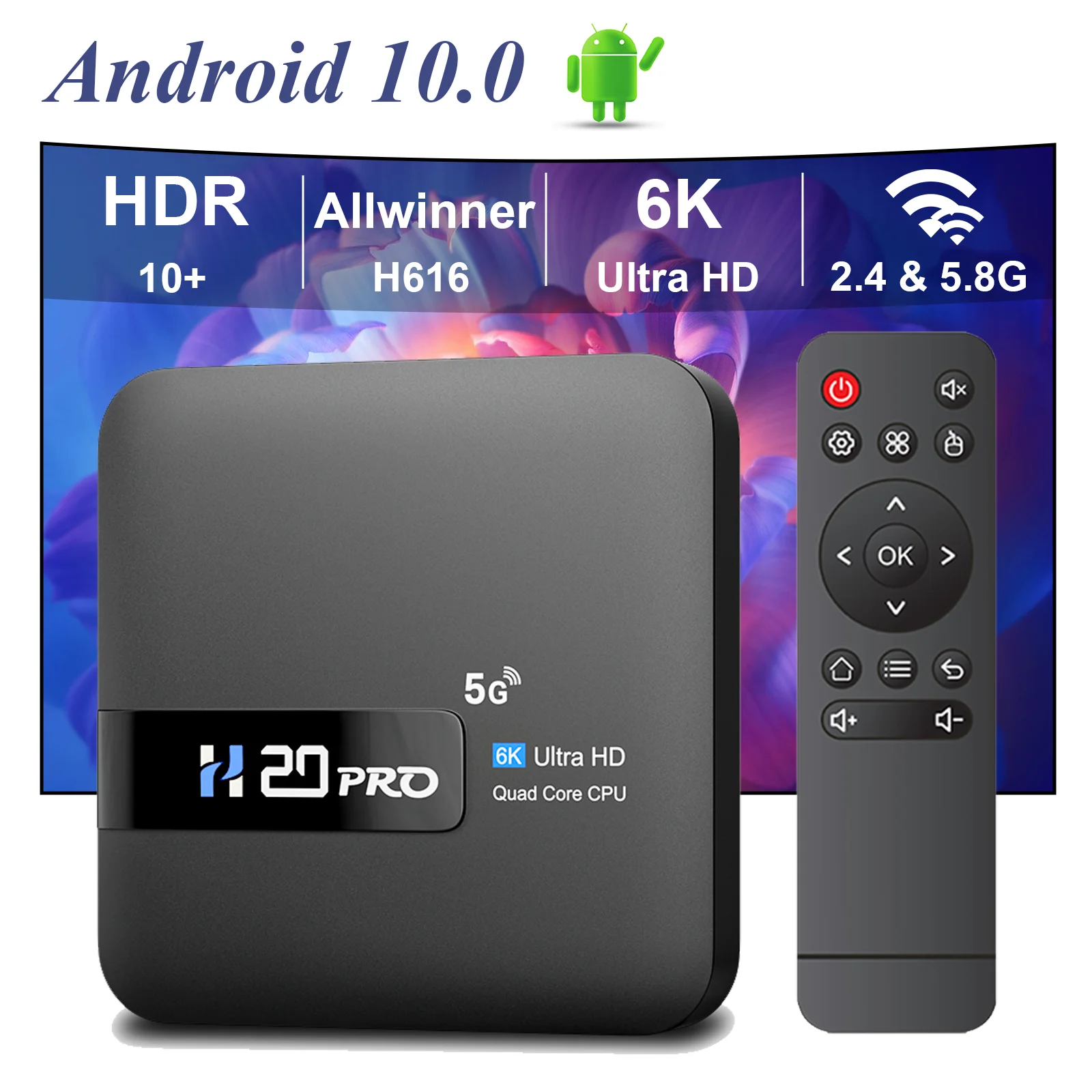 TOPSION H20PRO TV Box Android 10.0  With Voice Assistant 2.4&5G Wifi 4K 6K HD Video TV Box 1080P Media Player Set Top Box