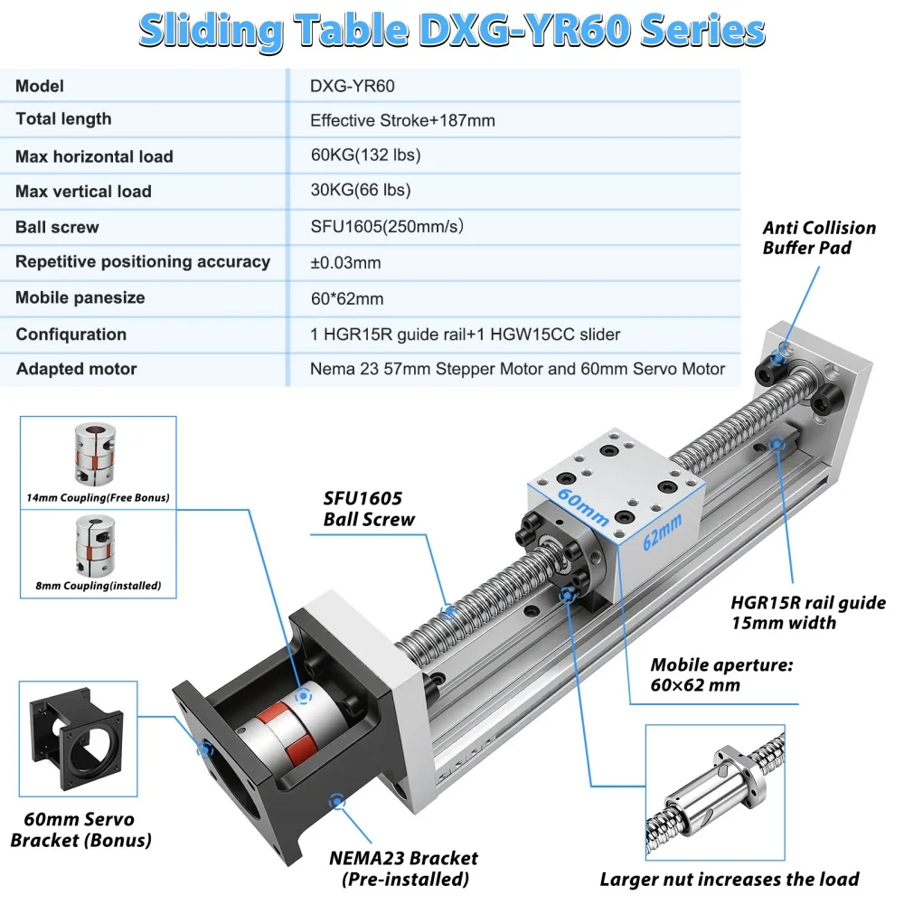High-Precision 0.03mm Mini Linear Guide Sliding Table SFU1605 60mm Width Load 60KG XYZ Axis CNC for Nema23 Motor 60mm Servo