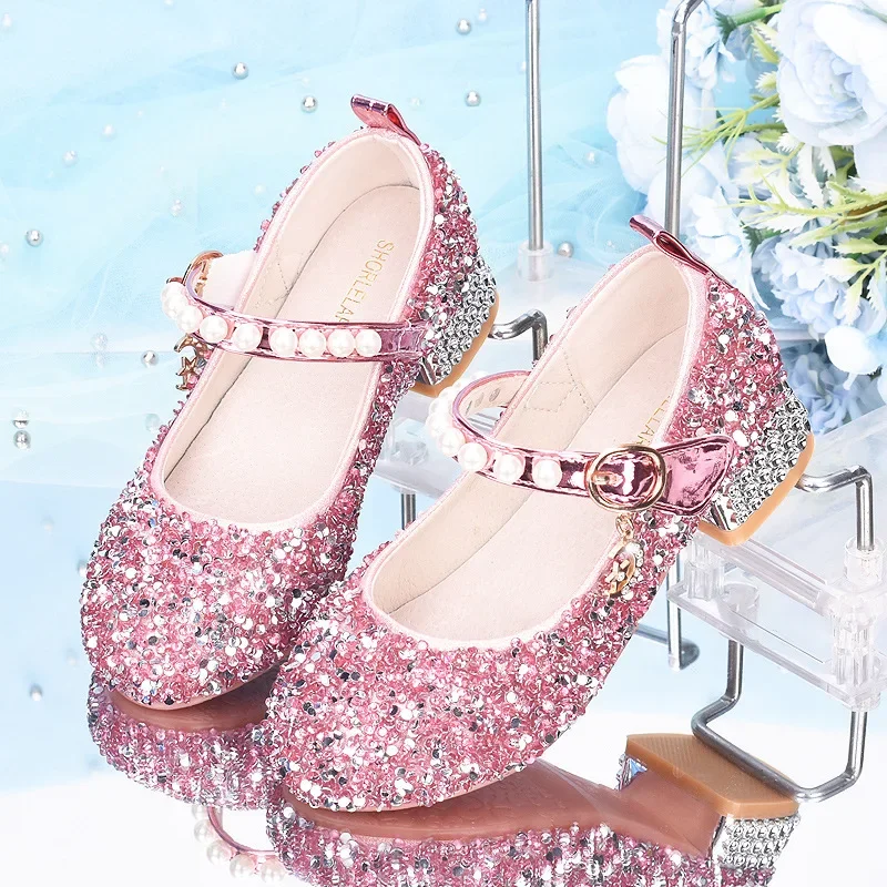 

Girls' High Heels Fashion Sequins Girls' Princess Leather Shoes Soft Soled Silver Children's Dance Performance Shoes