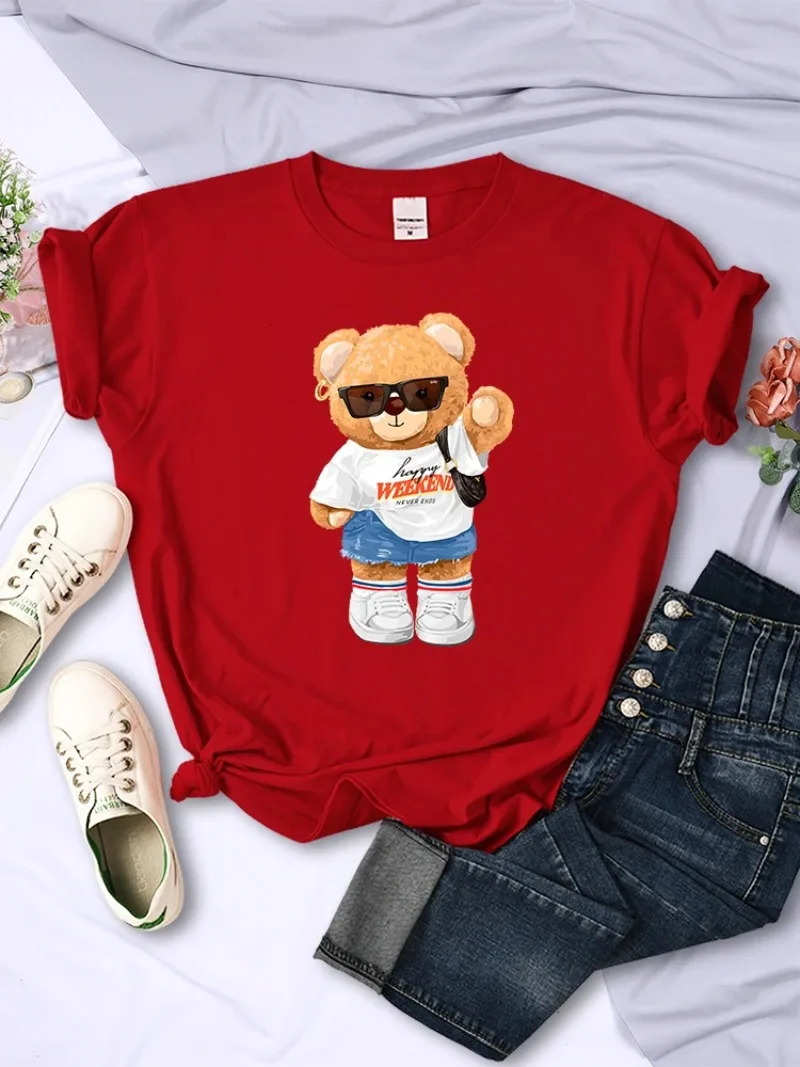 Women Fashion Casual Clothing O-Neck Breathable Tshirt Soft Tees A Young Teday Bear Girl Full Of Vitality Cute Printed T-Shirt