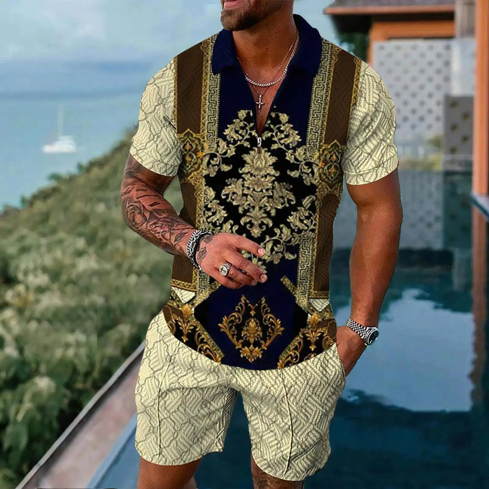 Gold Luxury Pattern Men's Polo Shirts Set Summer Short Sleeve  Zipper Polo Shirt Shorts 2 PCS Suit Casual Sportswear Ropa Hombre