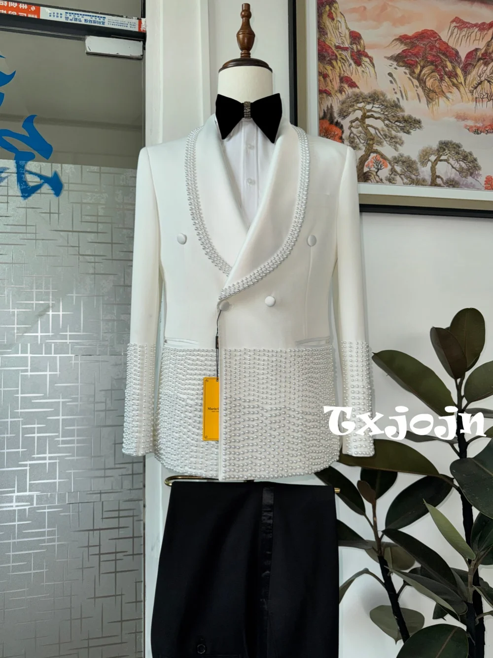 White Luxurious Pearls Men's Suit Set 2 Pieces Wedding Tuxedo Double Breasted Man Formal Suits Jacket Pants Party Prom Wear