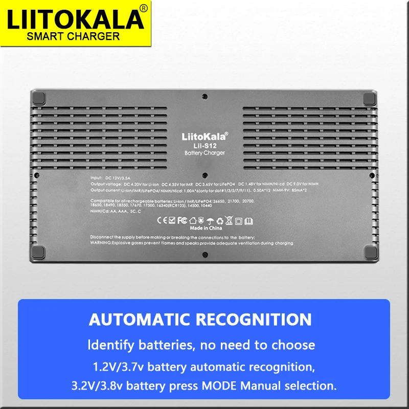 LiitoKala Lii-S8 Lii-S12 LCD Battery Charger for Li-ion LiFePO4 Ni-MH Ni-Cd 9V 21700 20700 26650 18350 18650 RCR123 18700