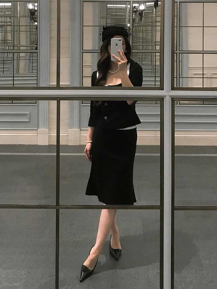 REDDACHiC Women Cinch Back Top Skirt Suit Set Lounge Color Block Frill Trim Crop Blouse Mermaid Midi Long Skirt Work Costume