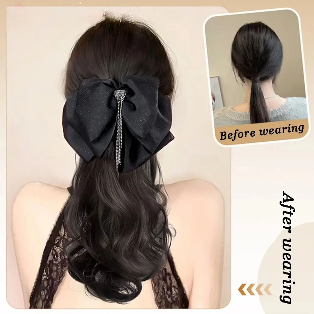 Tassel Bow Claw Clip Kucyk Temperament Lekko kręcone włosy Naturalne żaroodporne włókno chemiczne Peruka Kucyk