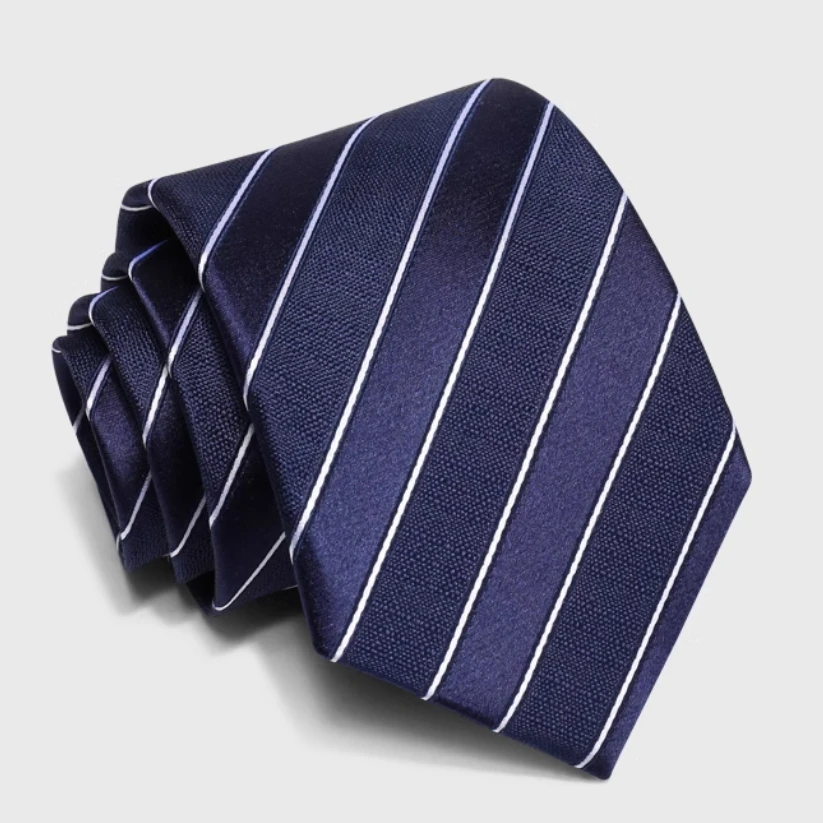 High Quality 100% Silk Dark Blue White Striped Pattern Tie For Men's Business Banquet Shirt Accessories 8CM Wide Silk Cravat