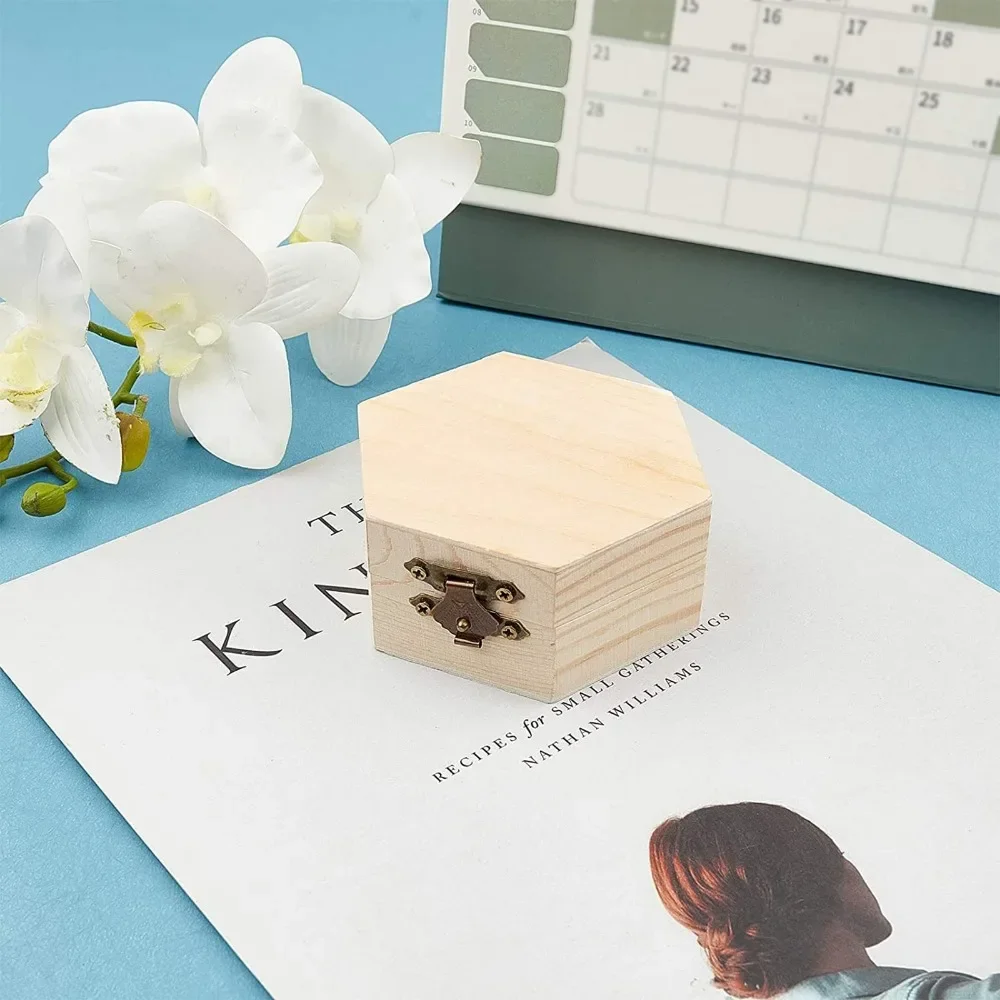 6PCS Plain Unfinished Box Hexagon Unpainted Wooden Jewelry Box with Hinged Lid and Front Clasp DIY Storage Chest Treasure Case