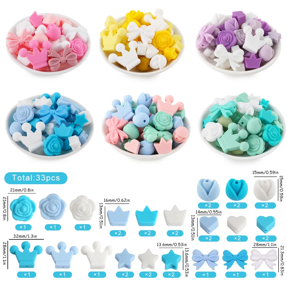 33Pcs/set Mini Silicone Beads Crown Bow Flower Bead Food Grade DIY Bracelet Necklace Keychain Jewelry Handmade Accessories