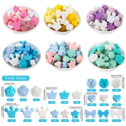 33Pcs/set Mini Silicone Beads Crown Bow Flower Bead Food Grade DIY Bracelet Necklace Keychain Jewelry Handmade Accessories