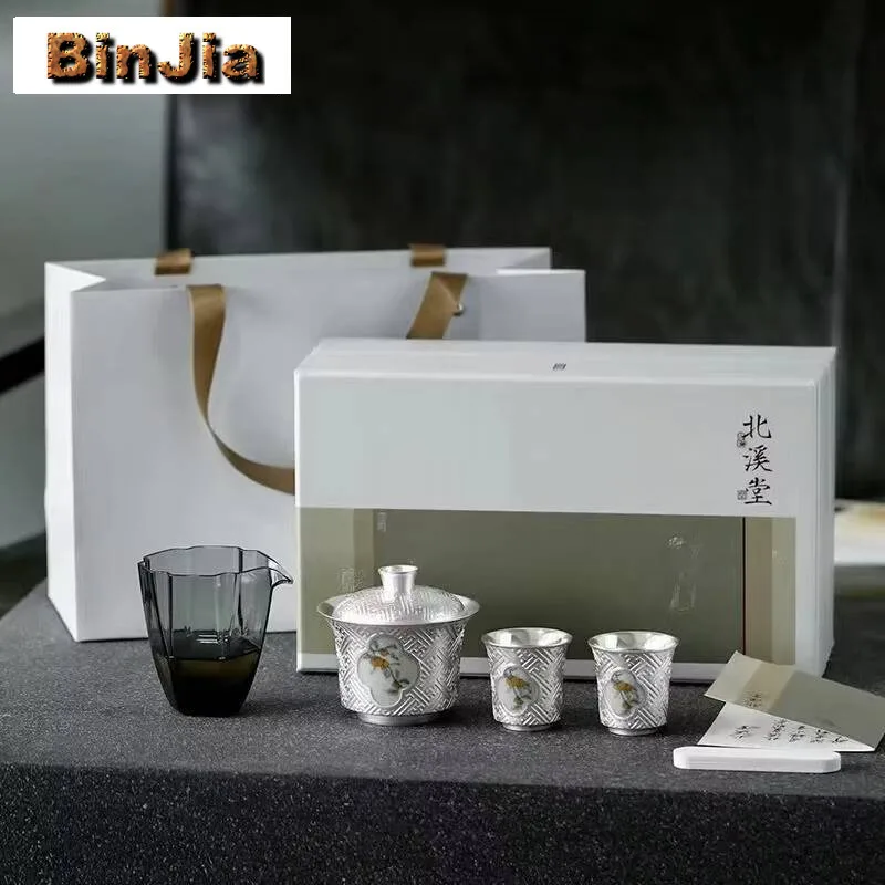 Boutique Gilt Sier Cover Bowl Set Creative Persimmon Ruyi Master Cup Kit Retro Tea Ceremony 1 2 Cups Items Gift