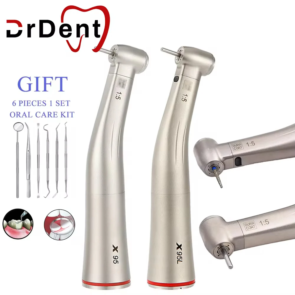 Dental 1:5 Increasing Speed Handpiece Contra Angle Red Ring Hand Piece LED Optic Fiber Inner Water Spray Mini Head Dentista Tool