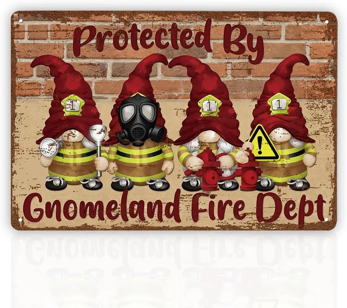 Funny Vintage Metal Tin Signs, Protected by Gnomeland Fire Dept, Gnome Firefighter Decor, Retro Tin Plaque, Funny Gnome Sign for