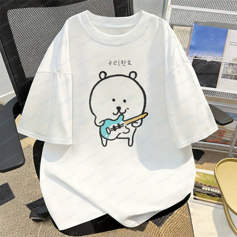 Joke Bear Rock Vibes Cotton Tee Guitar-Playing Fashion Streetwear Cotton Tshirts Comfortable Harajuku Kawaii Clothes for Women
