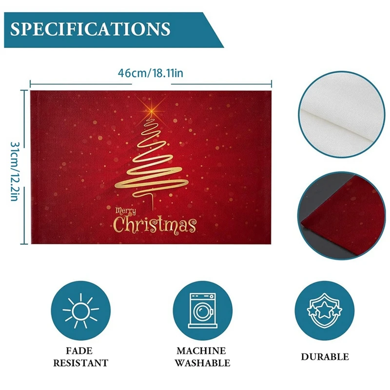 6PCS Merry Christmas Tree Placemats Non-Slip/Wipe Clean Linen Dining Table Mat Set Heat-Resistant Table Liner Red