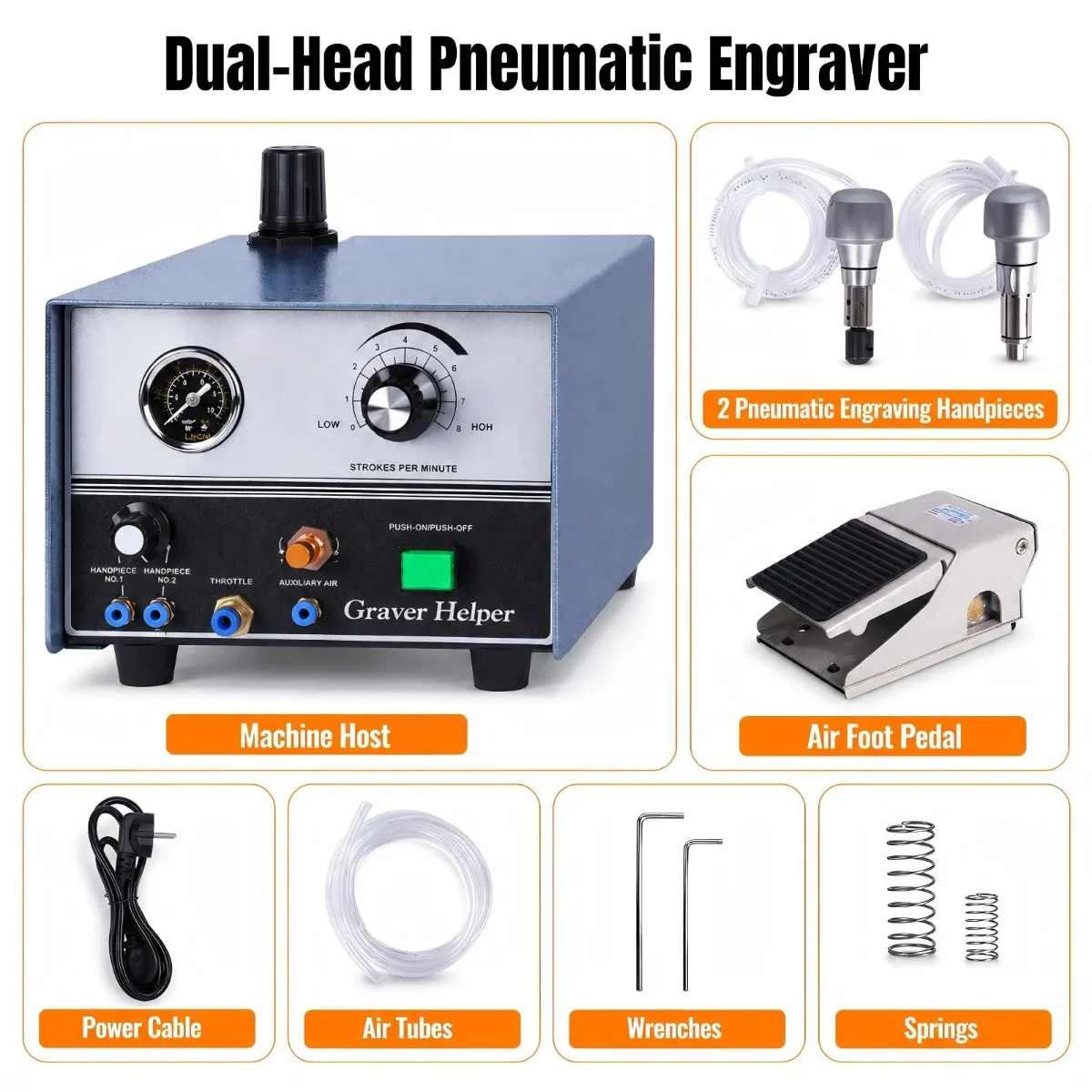 110V Pneumatic Engraving Machine Double Head Jewelry Graver Helper Engraver 60W 100-4000RPM with Two Handpiece Air Engraving Machine for Jewelry Setting & Carving