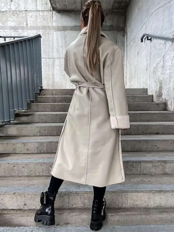 الشارع Sle Thiened معطف جلد المرأة منتصف طول Faion ملابس خارجية ربيع الخريف الشتاء جديد وصول معطف فضفاض صالح