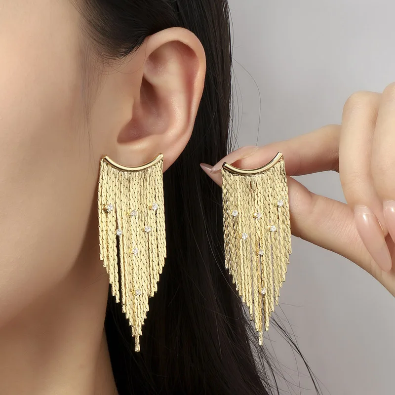

European and American Fashion Chain Titanium Steel Micro-Inlaid Zircon Silver Needle Luxury Palace Tassel Earrings