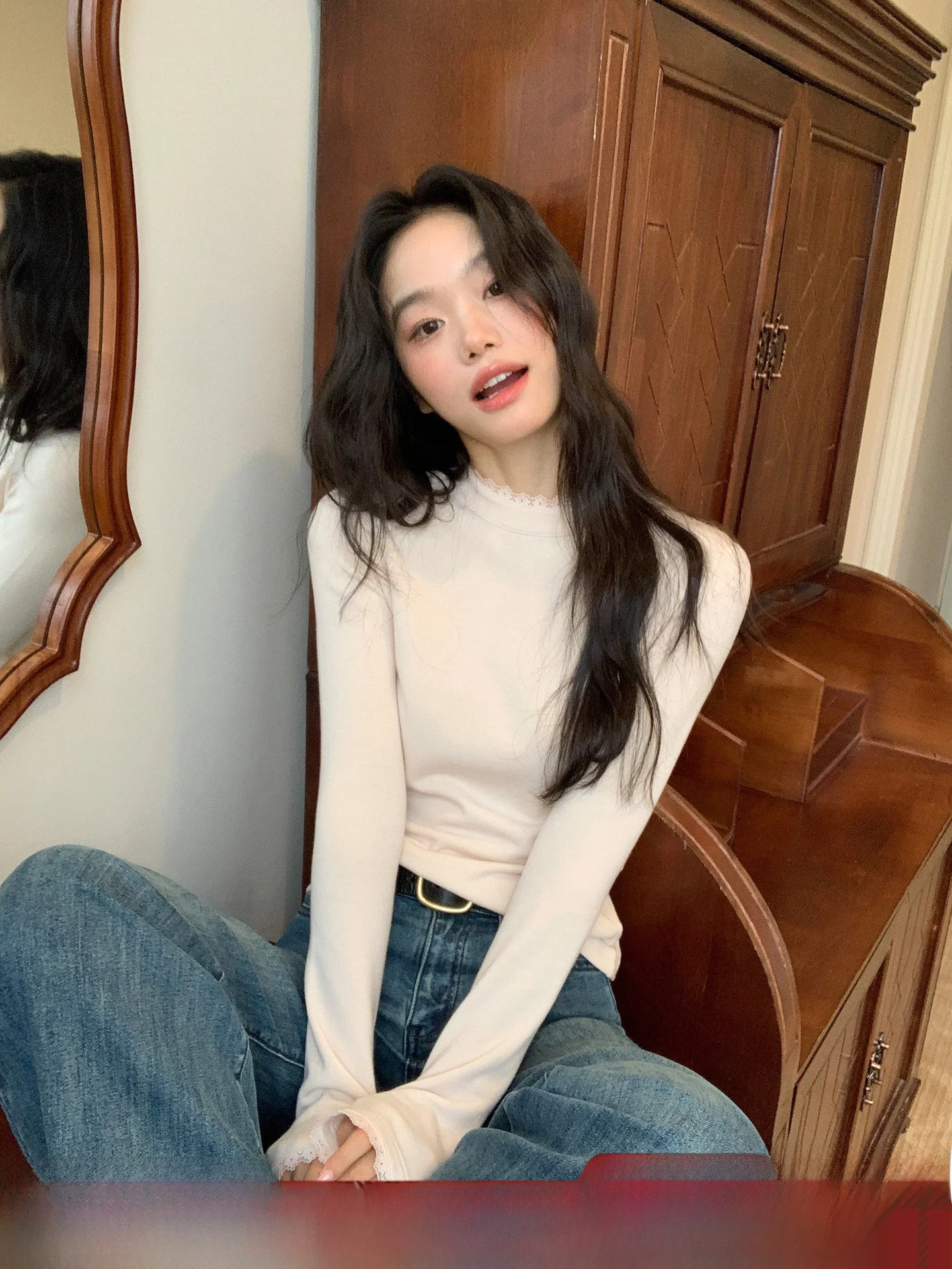 

Романтическая женская облегающая футболка с длинным рукавом и кружевной отделкой, однотонный топ, модный для осени и зимы