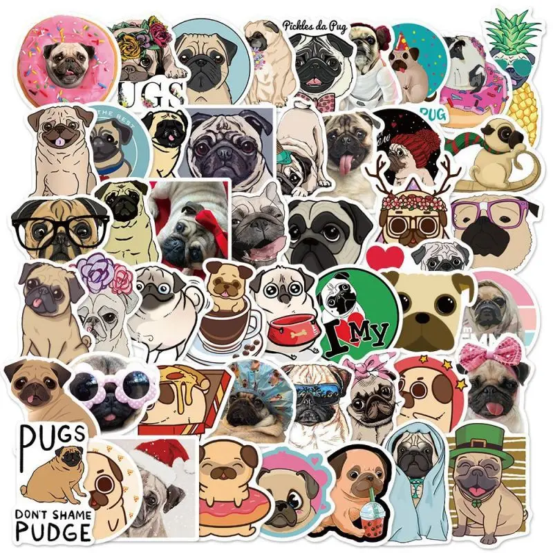 10/30/50PCS Fashion Cute Pug Sticker Pack Skateboard Decoration DIY Mobile Phone Computer Luggage PVC Graffiti Decal Wholesale