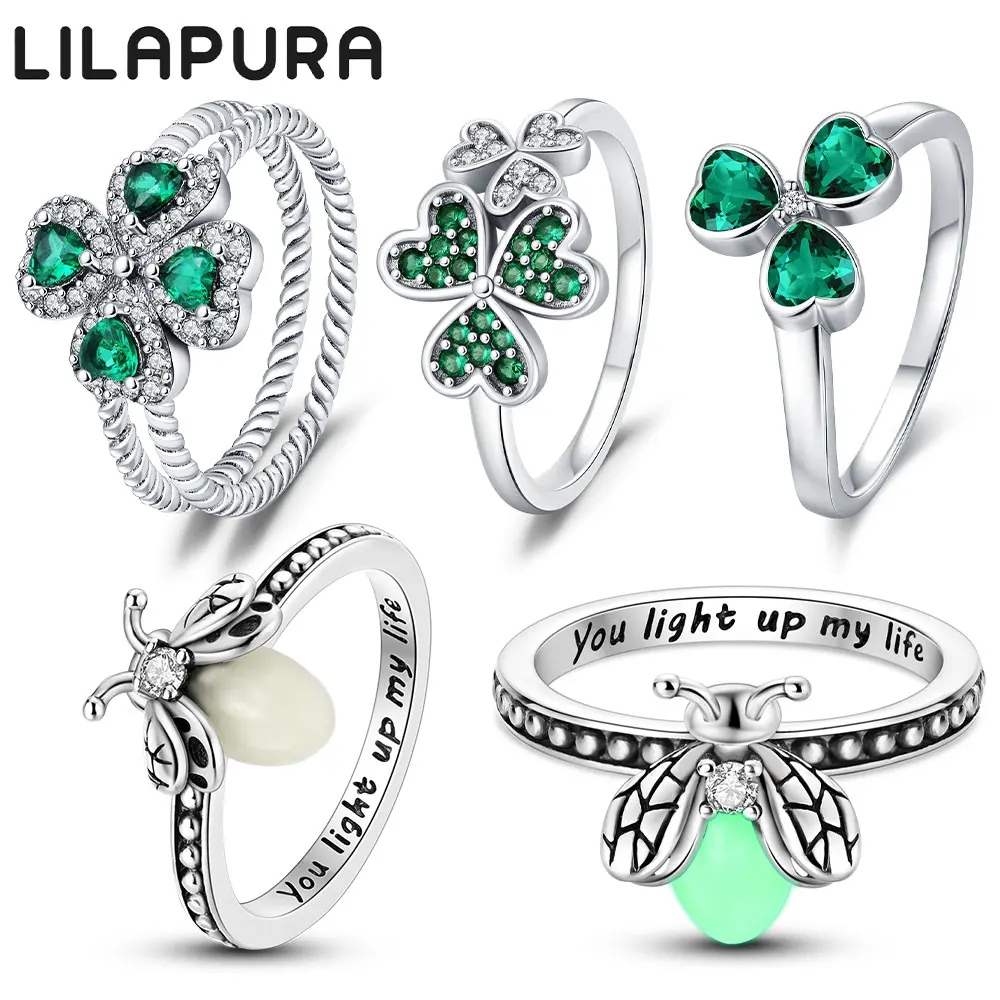 LILAPURA 925 Silver St. Patrick's Day clover rings Luminous Firefly Ring For Women hoop Rings Wedding Fine Party Jewelry Gifts