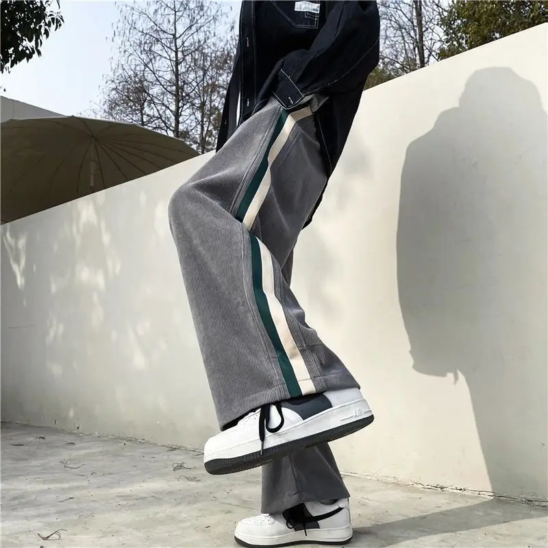 American hiphop autumn contrast striped wide-leg pants loose high street fashion ins cord cotton straight casual pants y2k pants