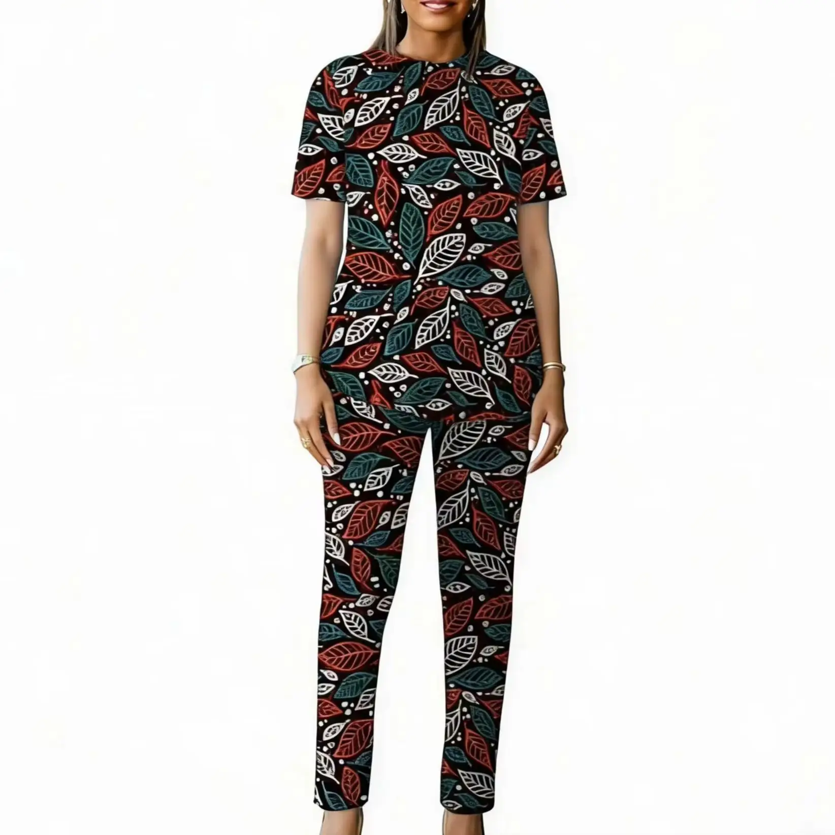 

Women's Summer Set African Couture Short Sleeve Tops Patch Trousers Ankara Outfit Party Wear Print Kanga Clothing Customized
