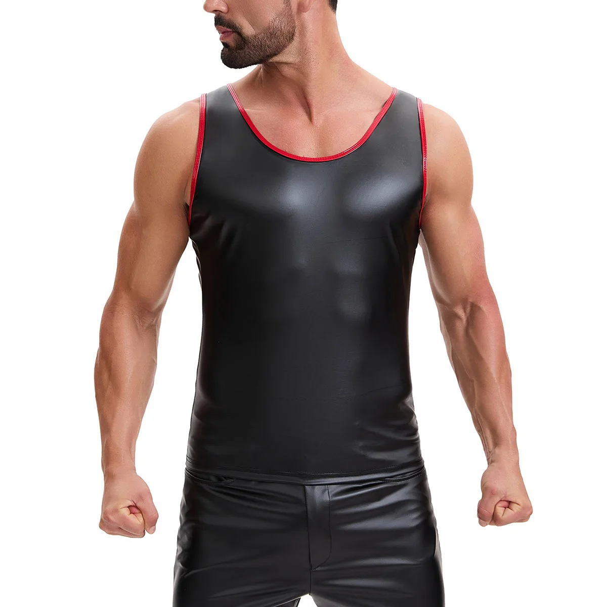 PU Faux Leather Men's Vest Stage Performance Nightclub Patent Leather Tank Imitation Leather Gays Sexy Tight Fitting Top Tee