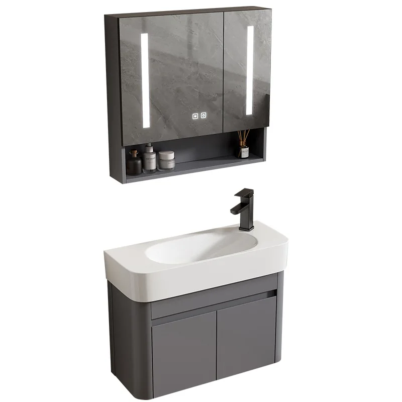 

Wall-mounted modern grey bathroom vanity with smart mirror ceramic basin and small apartment waterproof design