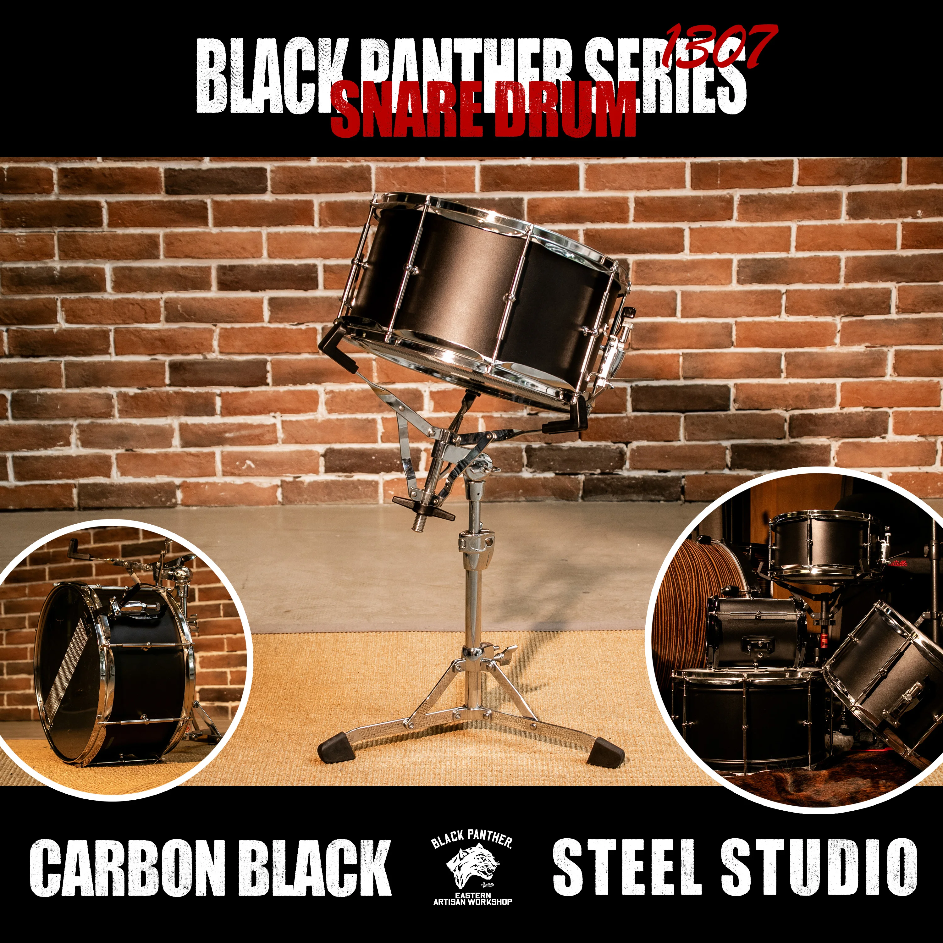 

Beatello Black Panther Series High Quality Carbon Black Steel Studio Snare Drum 13x7 | For Studio Recording And Live Performance