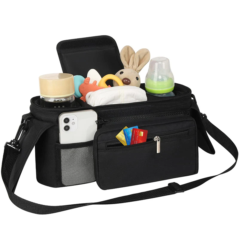 Baby Stroller Organizer Bag with Insulated Cup Holders Detachable Wristlet Large Storage Bag for Pram Buggy Outdoor