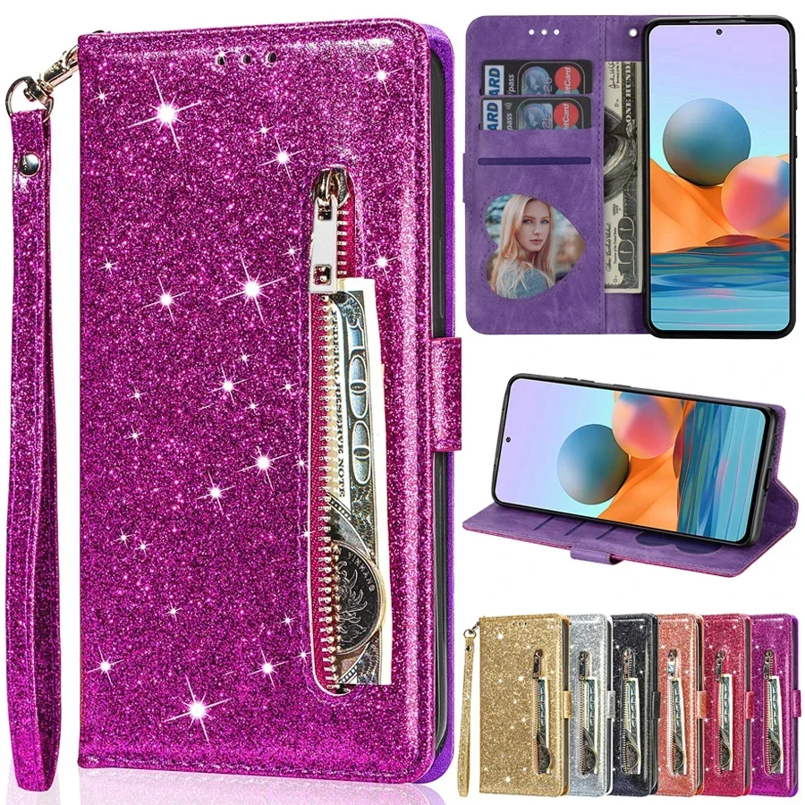 Wallet Glitter Magnetic Flip Leather Case For Xiaomi Redmi 13C 12C 10C Note 13 Pro 12 12S 11 11S 10 Pro 9 8 7 Poco C65 13T 14T