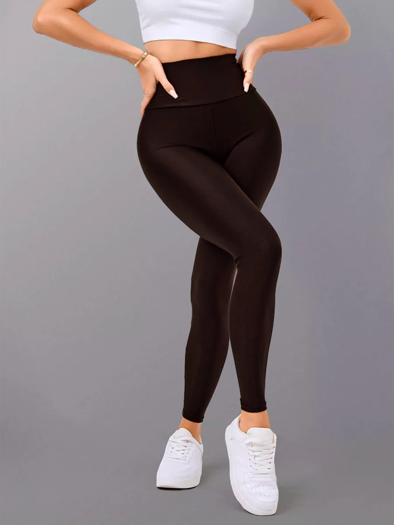 Casual Sporty Versatile Solid-color Slim-fit Thong-leg High-waist Nylon Glossy Fine-golden Shimmer Tight Base Pant For Women