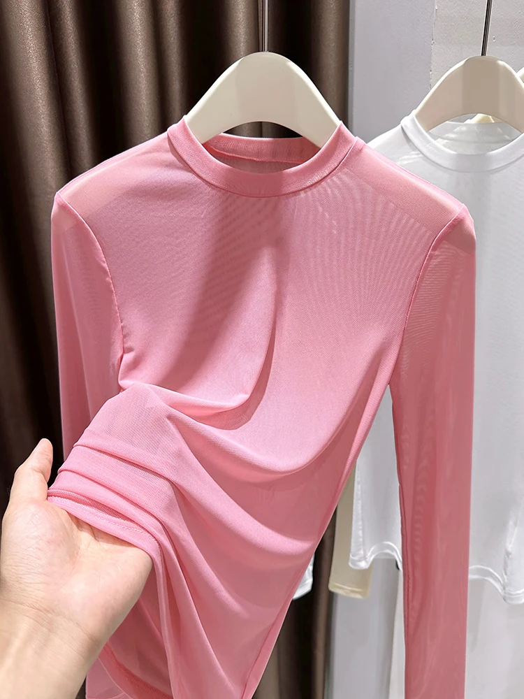 

Dopne Pink Sweet Spicy Me Base irt Women's Long Sve T-irt Spring Autumn Sle Small round Ne Lace Thin Film Clo...