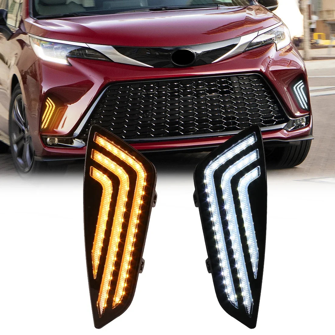 

LED DRL For Toyota Sienna 2021 Daytime Running Lights Start-Up Animation Front Bumper Driving Lamps White Yellow Car Accessories