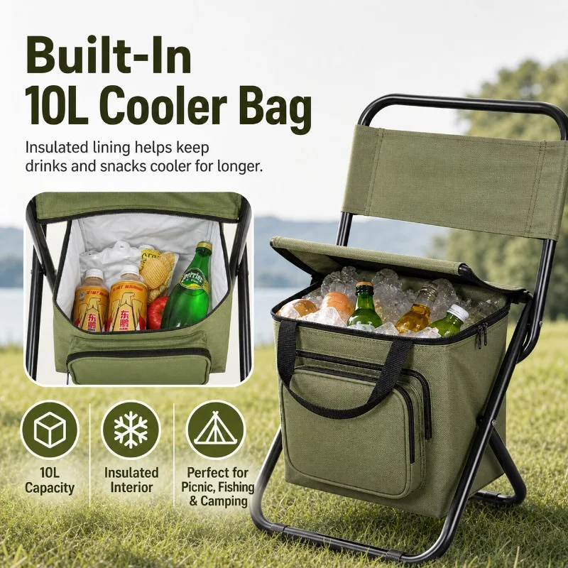 

3-in-1 Folding Chair Cooler Bag, Portable Outdoor Camping Fishing Seat with Backrest and Pocket