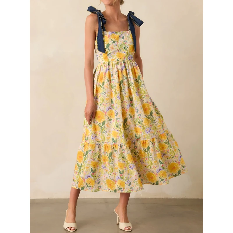 Combhasaki Abito lungo da donna estivo con spalline larghe, fiocco legato, collo quadrato, stampa floreale, smock, senza schienale, fluido, a trapezio