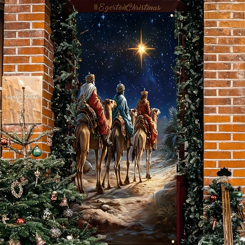 Weihnachts-Hintergrundstoff im Retro-Stil, Polyester, Bethlehem-Design mit den Sternen der drei Heiligen, festliche Dekoration