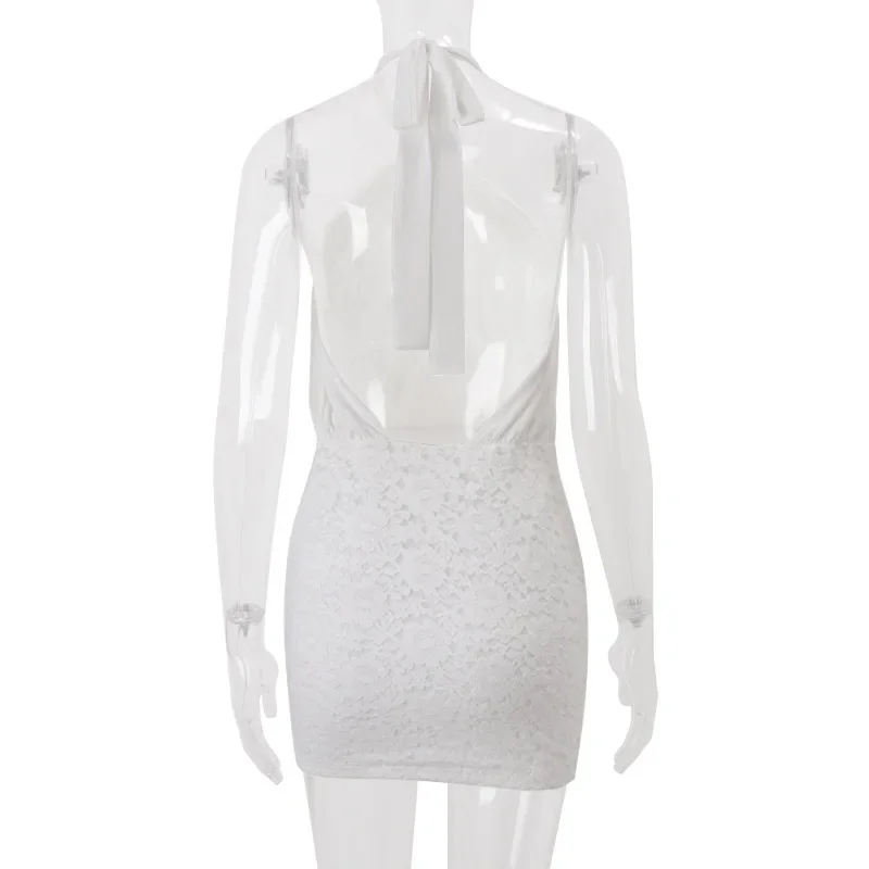 Minivestido ceñido con espalda descubierta y retazos de encaje para mujer, vestido Sexy con agujeros cruzados y cuello Halter con cordones, ropa ajustada fruncida para fiesta y discoteca